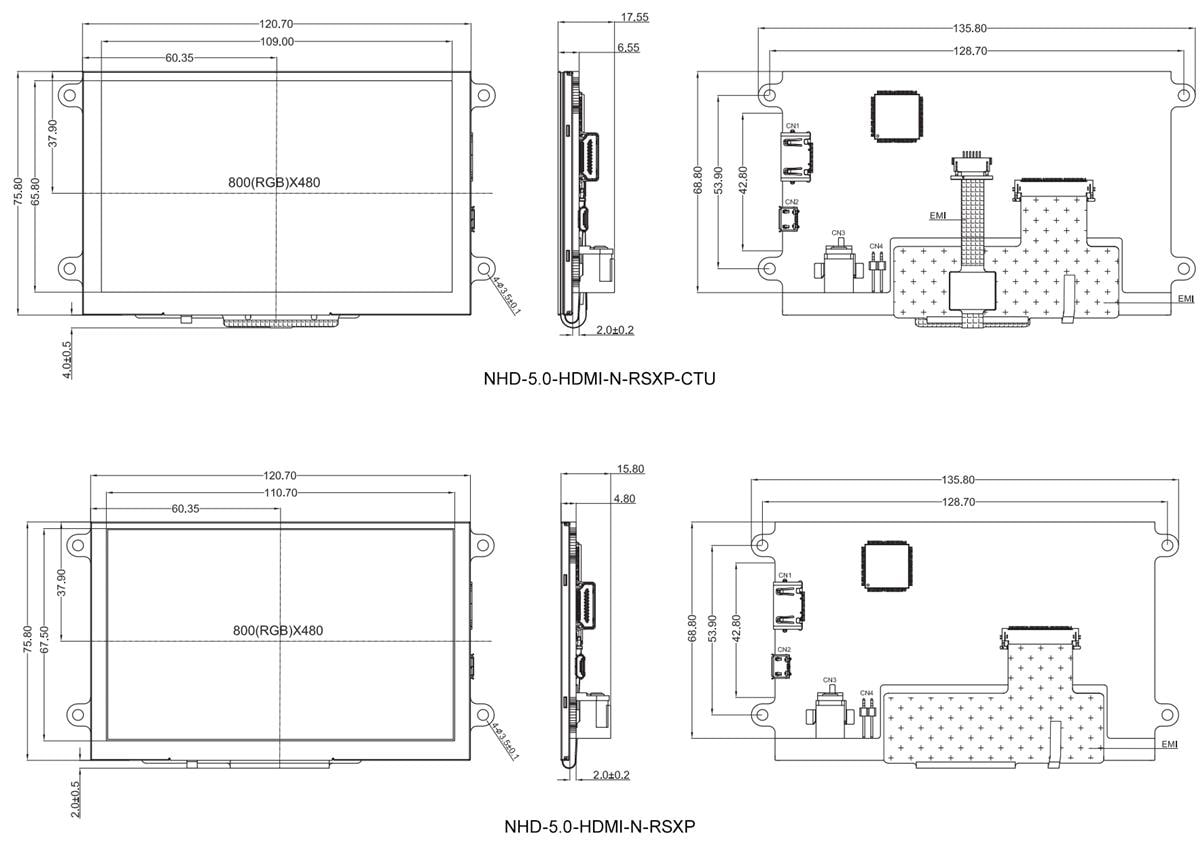 Mechanical Drawing - Newhaven Display 5-inch IPS HDMI TFT Modules